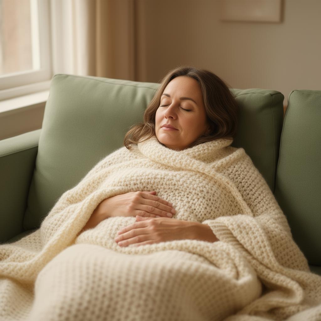 Woman resting at home wrapped in soft blankets